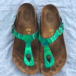 Birkenstock’s, green foil sandals